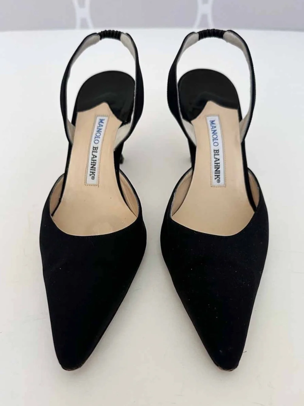 MANOLO BLAHNIK Black Crepe Pointed Toe Slingback Pumps Heels IT 38.5 US 8.5